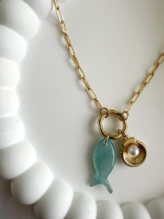 Blau Fische Halskette 14 K